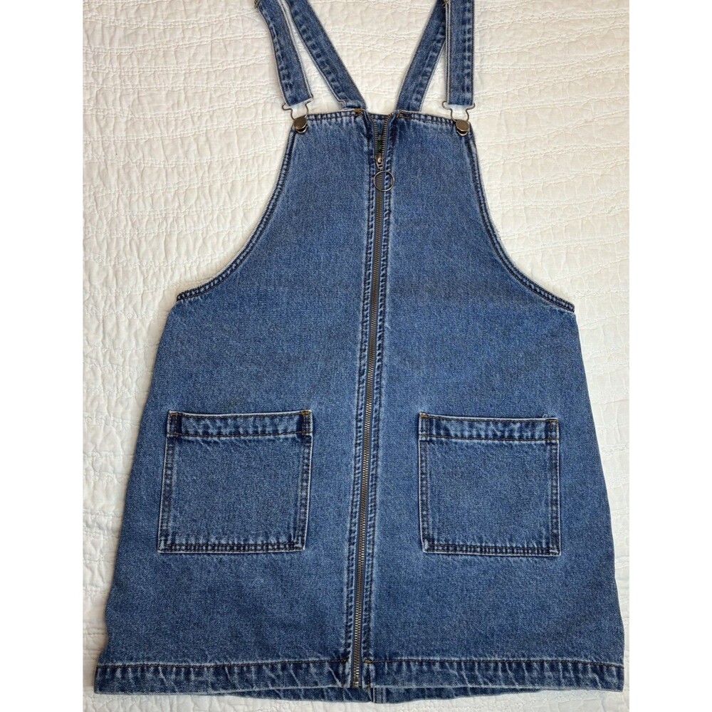 Denim overall mini dress zipper front Sz S med wash classic Y2K festival pinafor